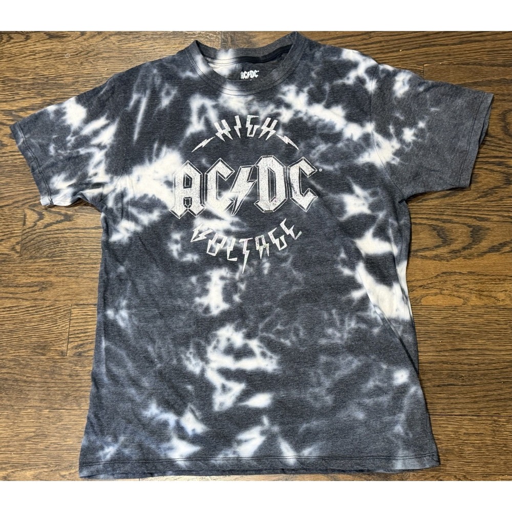 AC/DC High Voltage Graphic Tie Dye T-Shirt Mens Large Black White Rock Band Tee